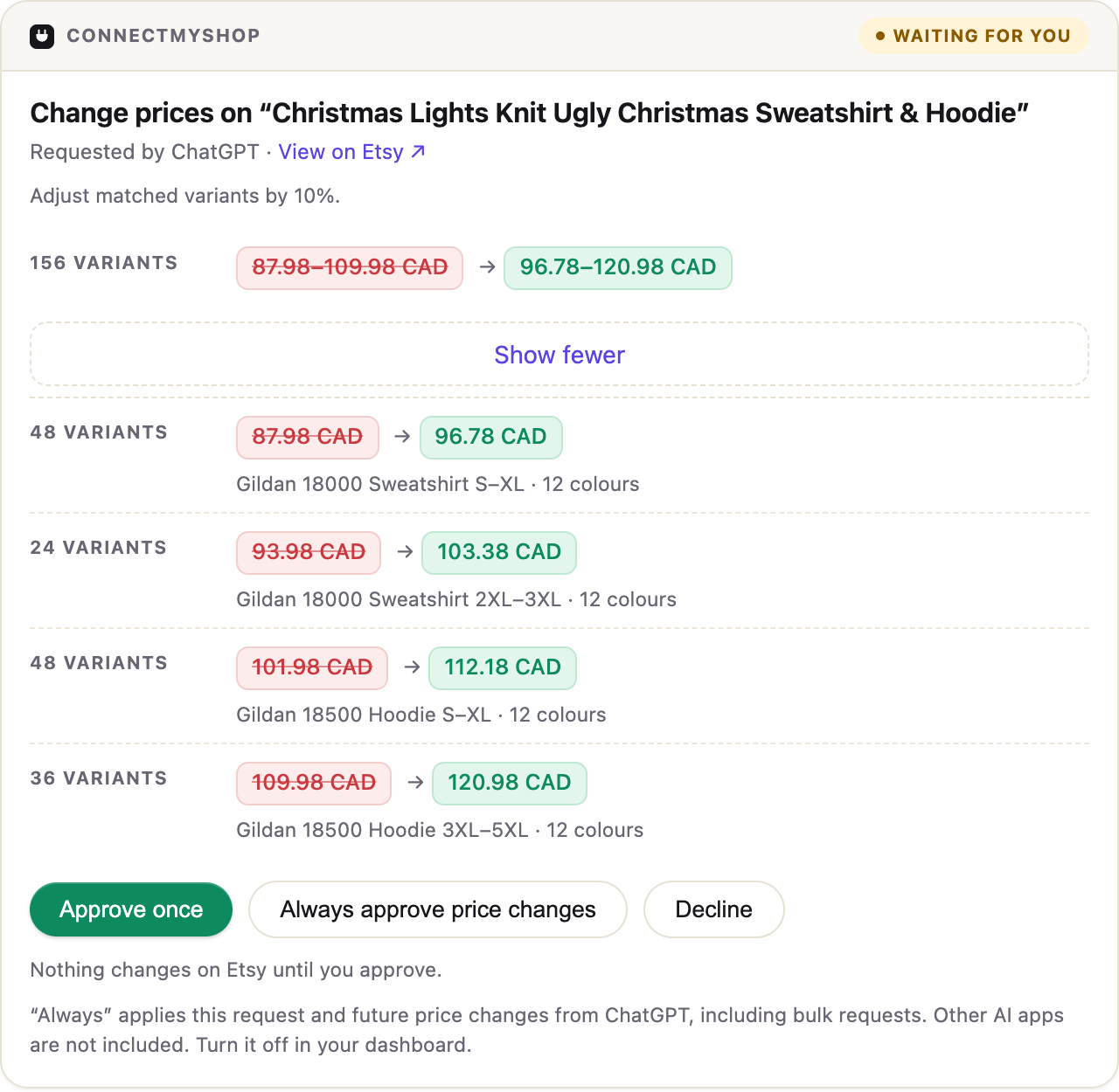 ChatGPT showing a ConnectMyShop approval card with a before-and-after price change